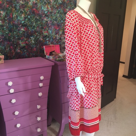 Old Navy Red Pink Grey Trellis Print Dress - Picture 7 of 8